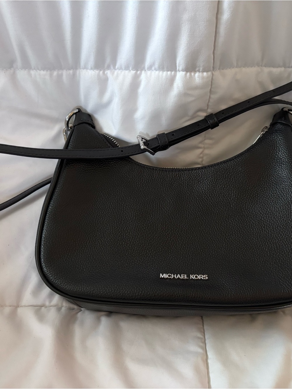 Michael Kors Black Pebbled Crescent Shoulder Bag with Silver Logo